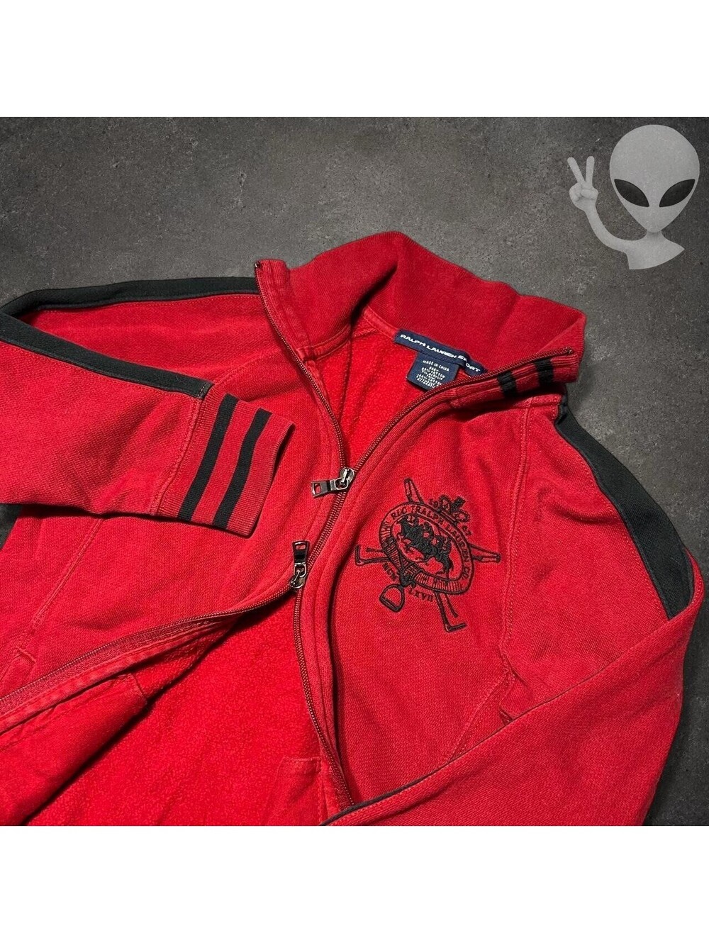 Ralph Lauren Sport Womens XS Full Zip Track Jacket Red Black Crest Stripes